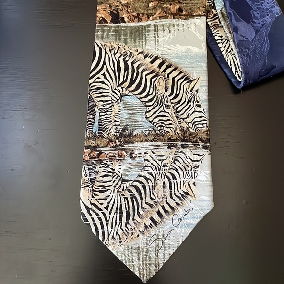 Wildlife Artist Simon Combes Signed ZEBRAS Silk Necktie Vtg 90s Greenwich Tie - Picture 3 of 10